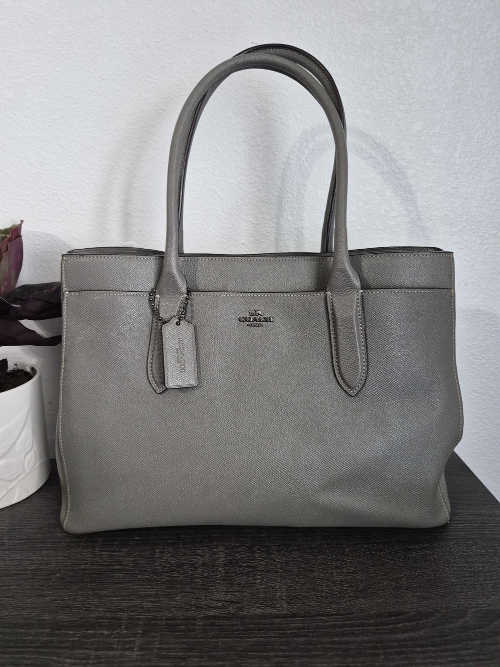 Coach Bailey Carryall Charcoal Gray Leather Tote with Coach Logo Hangtag